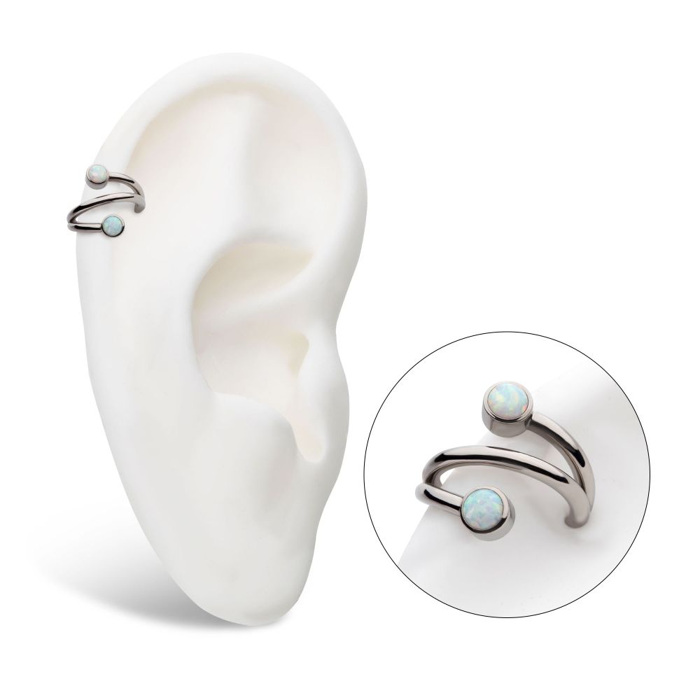 Titanium Double Ended Twist Side Facing Hinged Segment Clicker with Bezel Set White Opal
