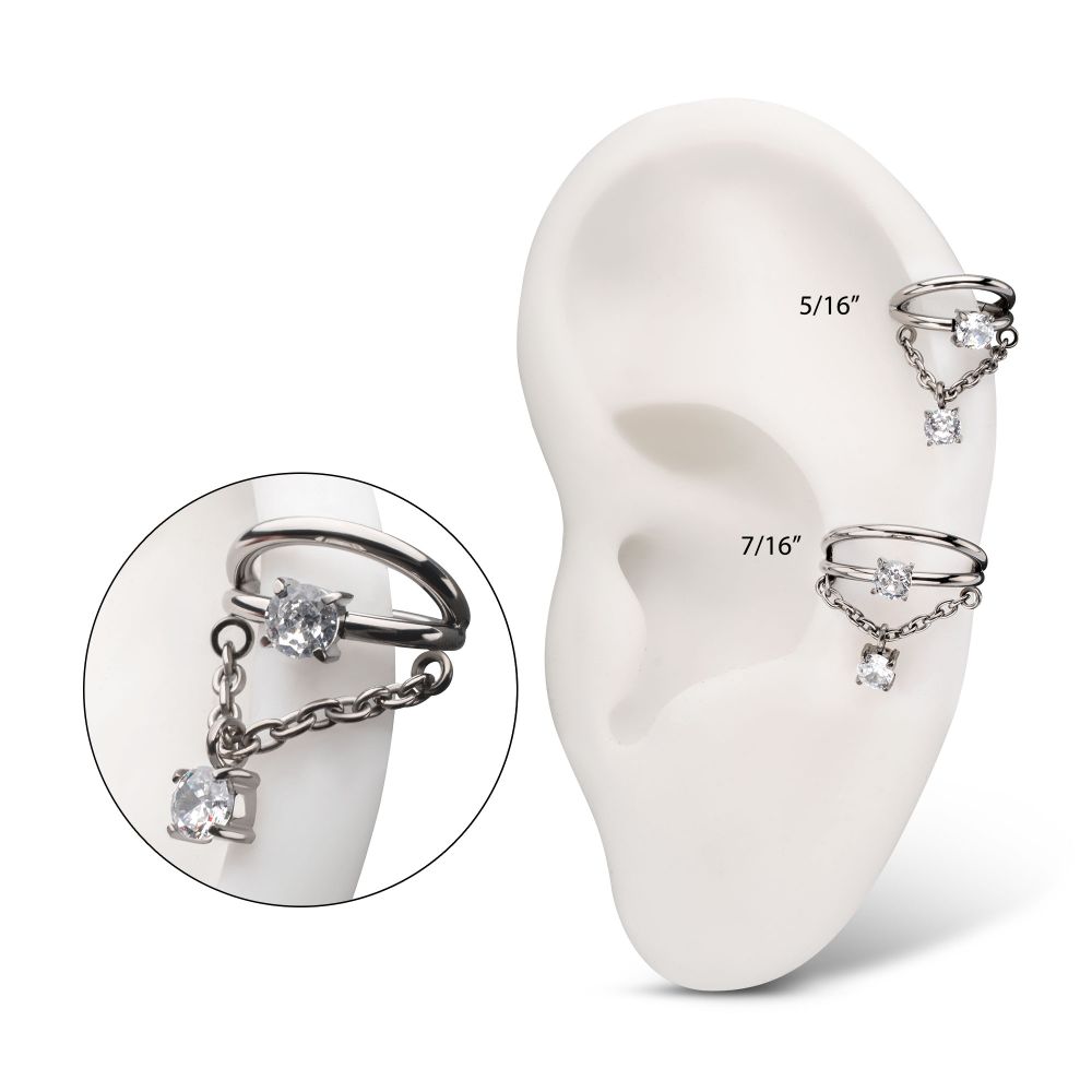 Titanium Prong Set Gem Open Stack Double Hoop with Gem Chain Dangle Hinged Segment Clicker
