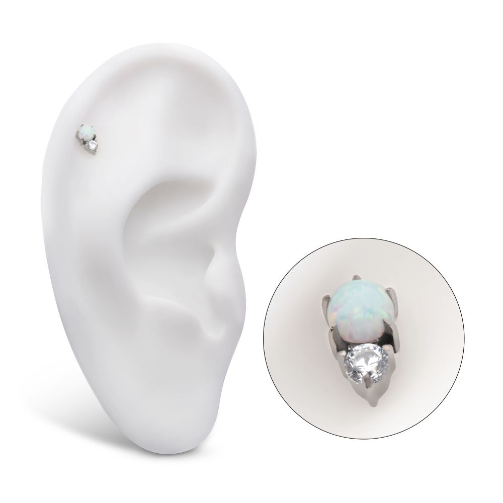Titanium Internally Threaded with Prong Set Round White Opal & Clear CZ Top