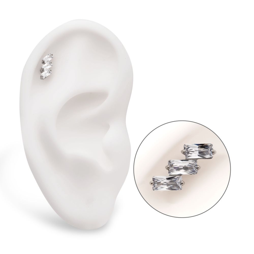 Titanium Internally Threaded Prong Set Baguette CZ Diagonal 3-Cluster Top