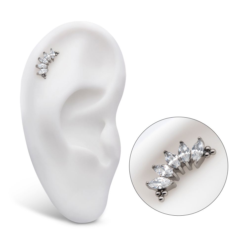 Titanium Internally Threaded with Tri Beads & Prong Set Marquise CZ 5-Cluster Top