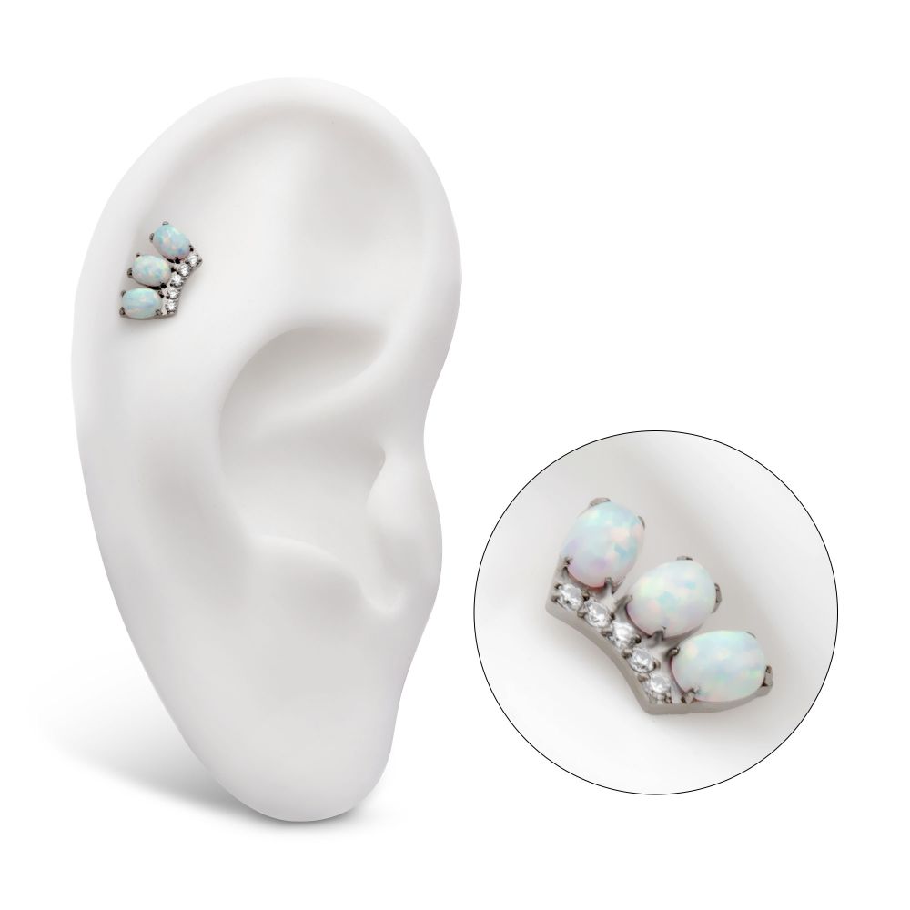 Titanium Internally Threaded 4-Prong 3 Oval White Opal with 5 Round Clear CZ Cluster Top