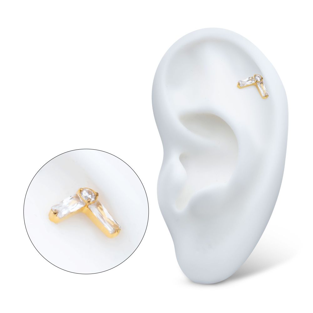 24Kt Gold PVD Titanium Internally Threaded Prong Set Baguette & Round CZ Chevron Shape Top