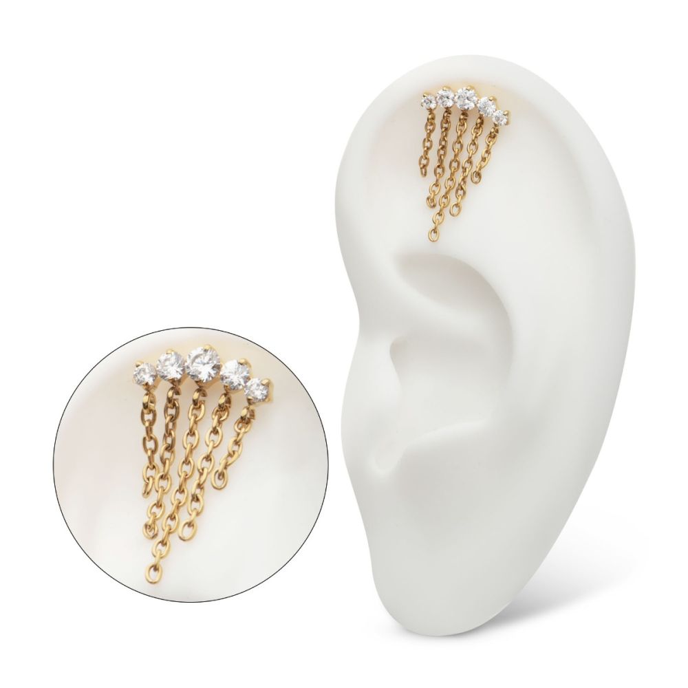 24Kt-Gold PVD Titanium Internally Threaded 5-Cluster Round AAA CZ Top with 5 Dangle Chains