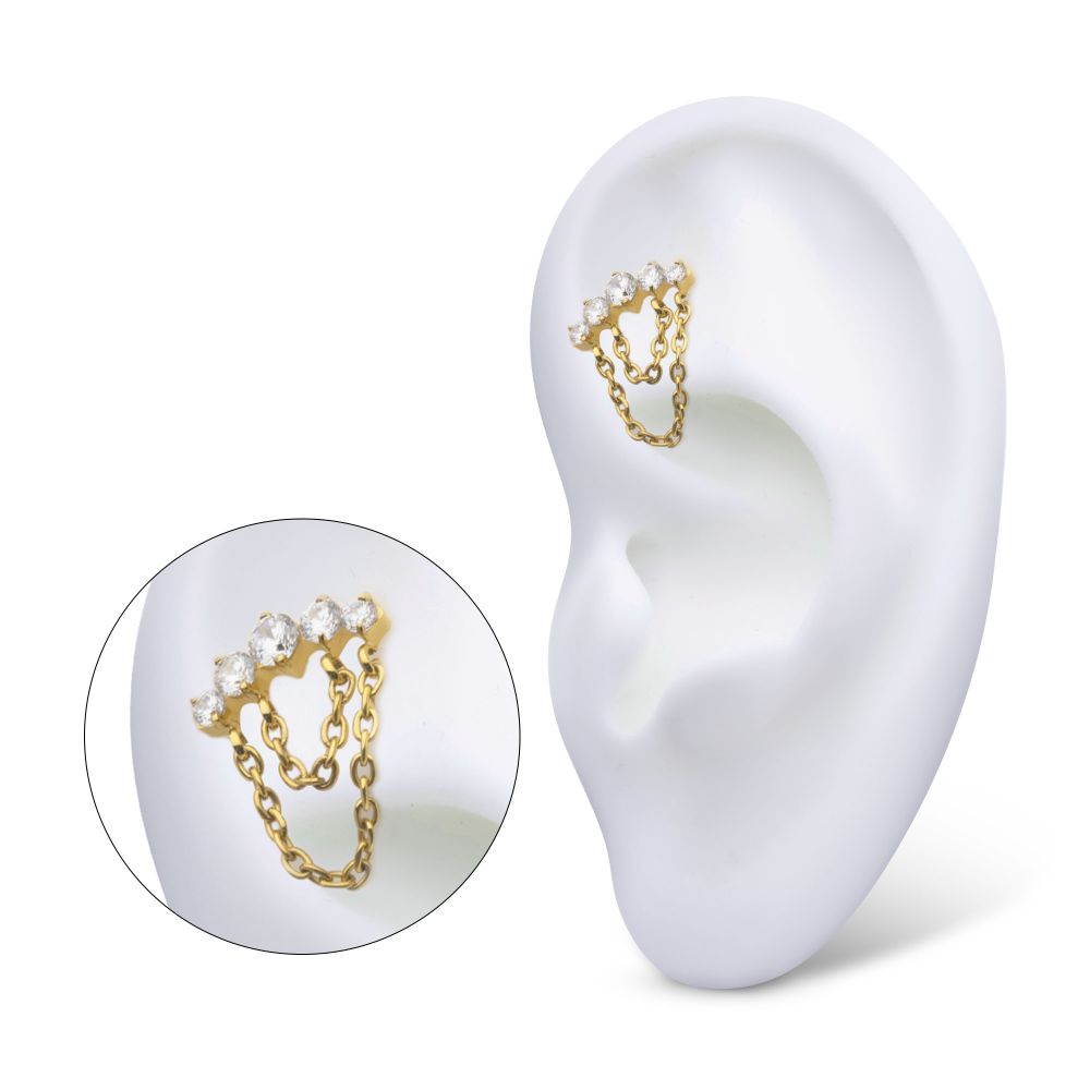 24Kt Gold PVD Titanium Internally Threaded 5-Cluster Round AAA CZ Top with 2 Tier Dangle Chain