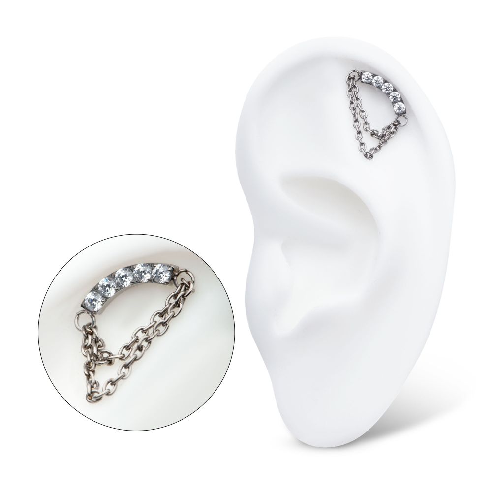 Titanium Internally Threaded 5-Cluster Round AAA CZ Curved Bar Top with 2 Tier Dangle Chain