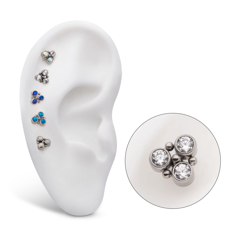Titanium Threadless 4-Bead Bezel Round CZ/Opal 3-Cluster Top