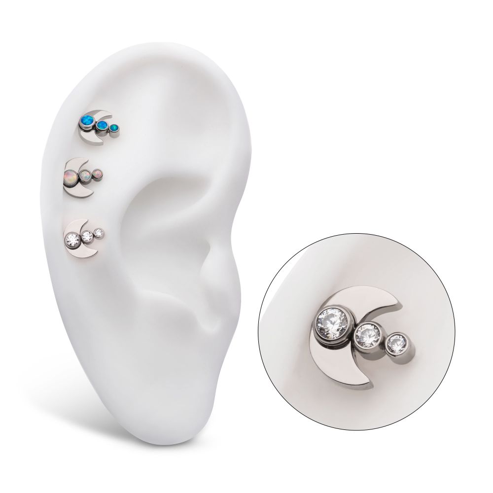 Titanium Threadless 3-Cluster Bezel Set Gem/Opal Crescent Moon Top