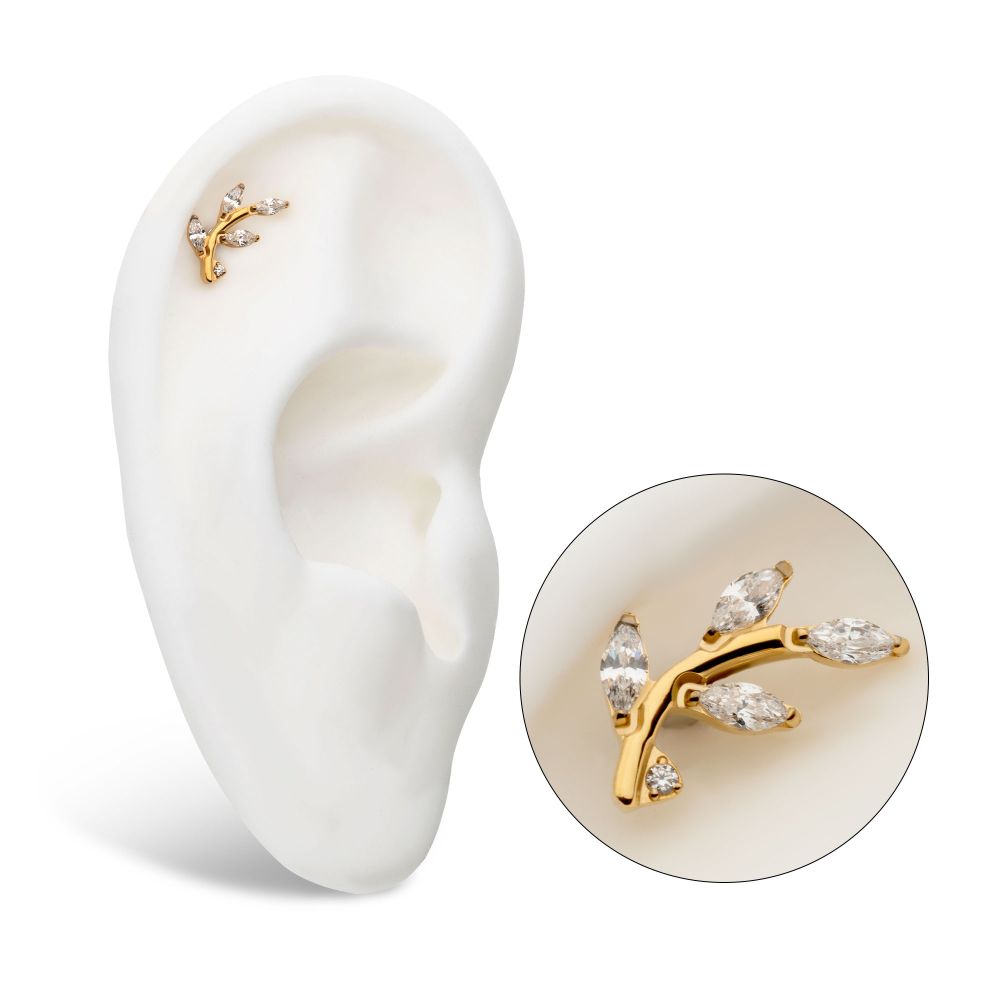 24Kt-Gold PVD Threadless Prong Set Marquise CZ Leaf Top