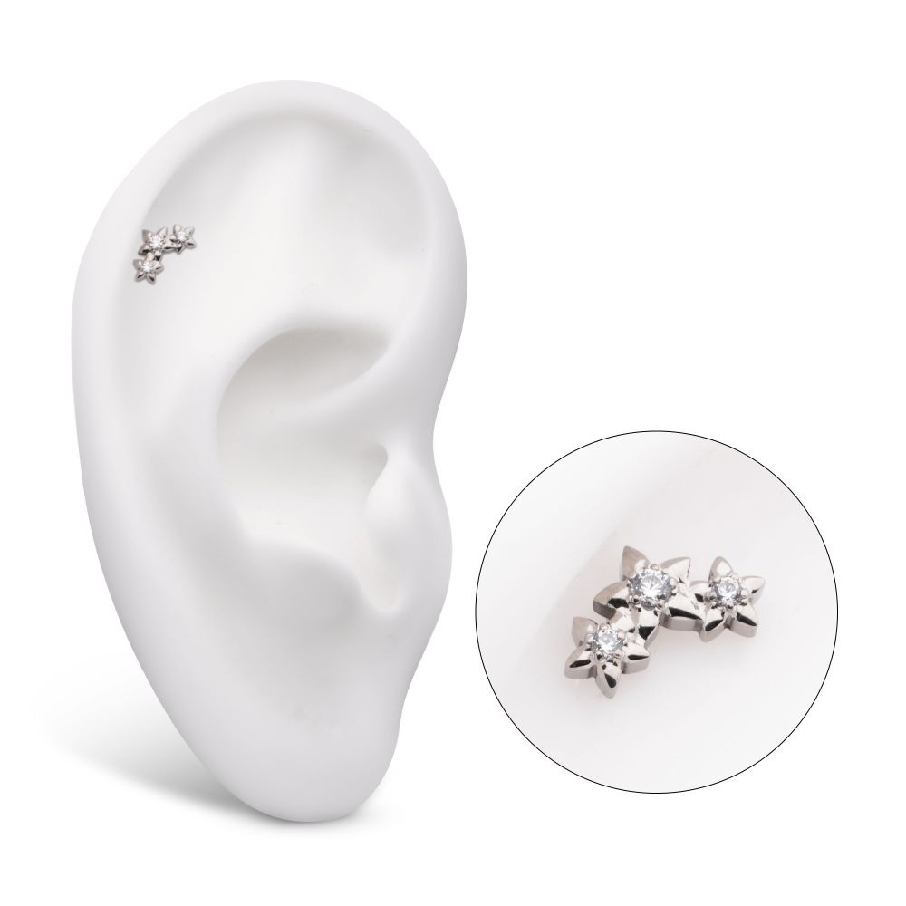 Titanium Threadless Prong Set Round CZ Gem 3-Cluster Star Top