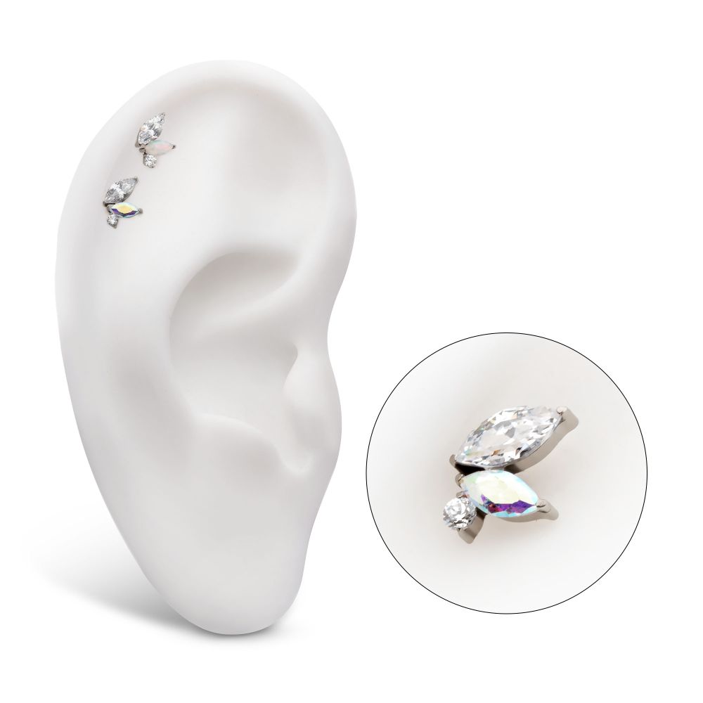 Titanium Threadless Prong Set Marquise & Round CZ/Opal Staggered 3 Cluster Top