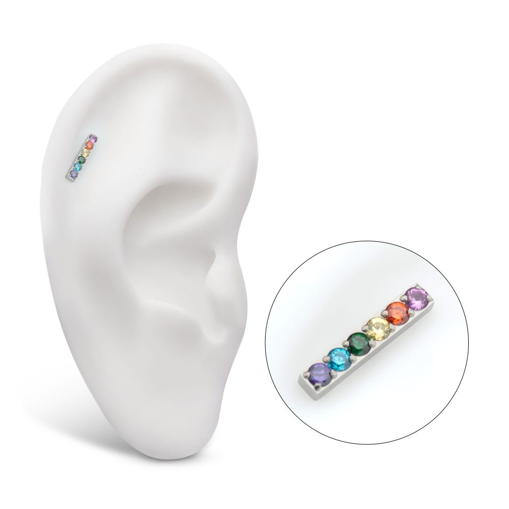 Titanium Threadless Prong Set Rainbow CZ 6-Cluster Bar Top