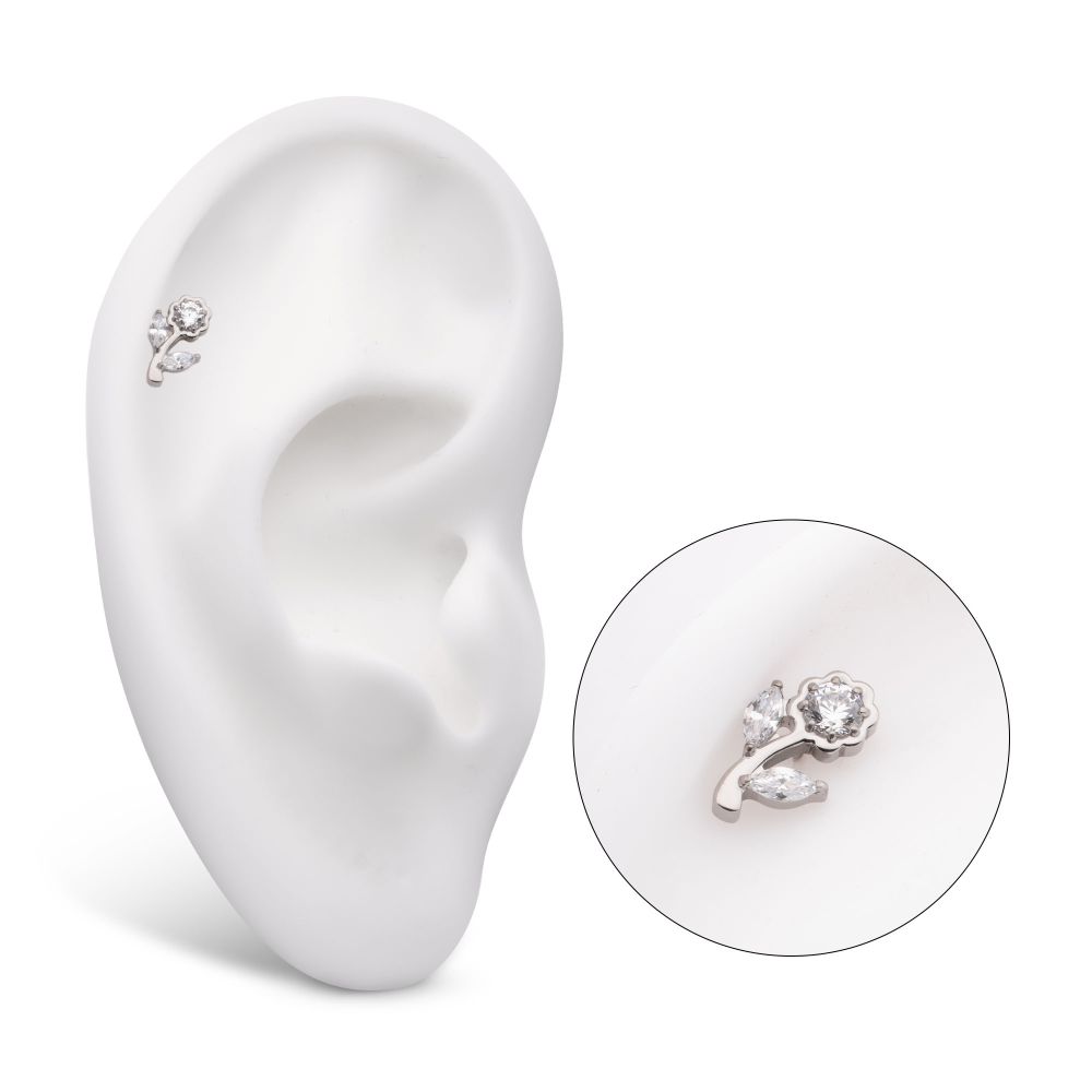 Titanium Threadless Prong Set Round & Marquise CZ Gem Rose Flower Top