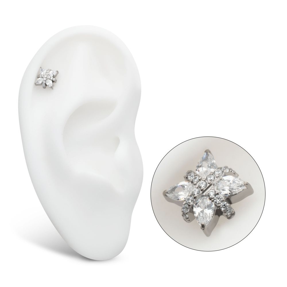 Titanium Threadless Paved CZ Cross with Pronged Marquise CZ Flower Top
