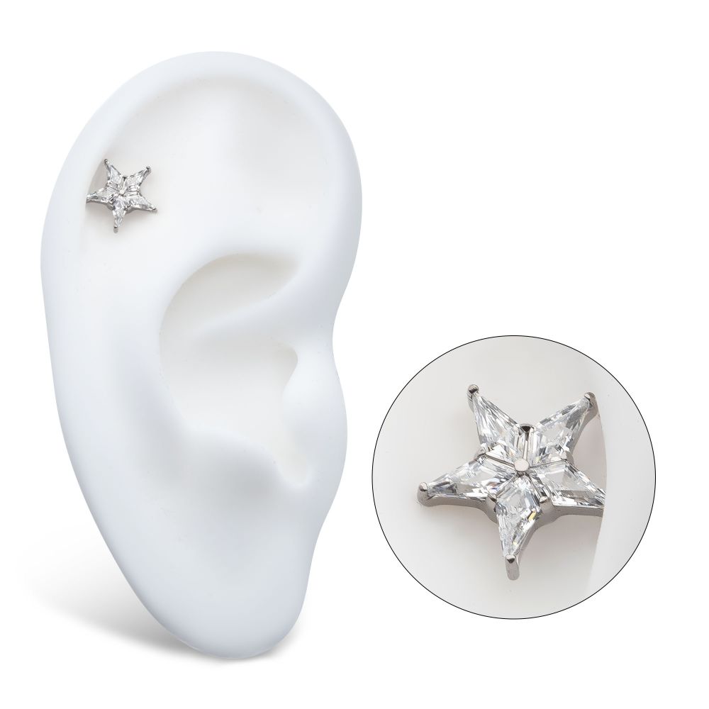 Titanium Threadless Star Top with 5 Prong Set Kite Shape Clear CZ