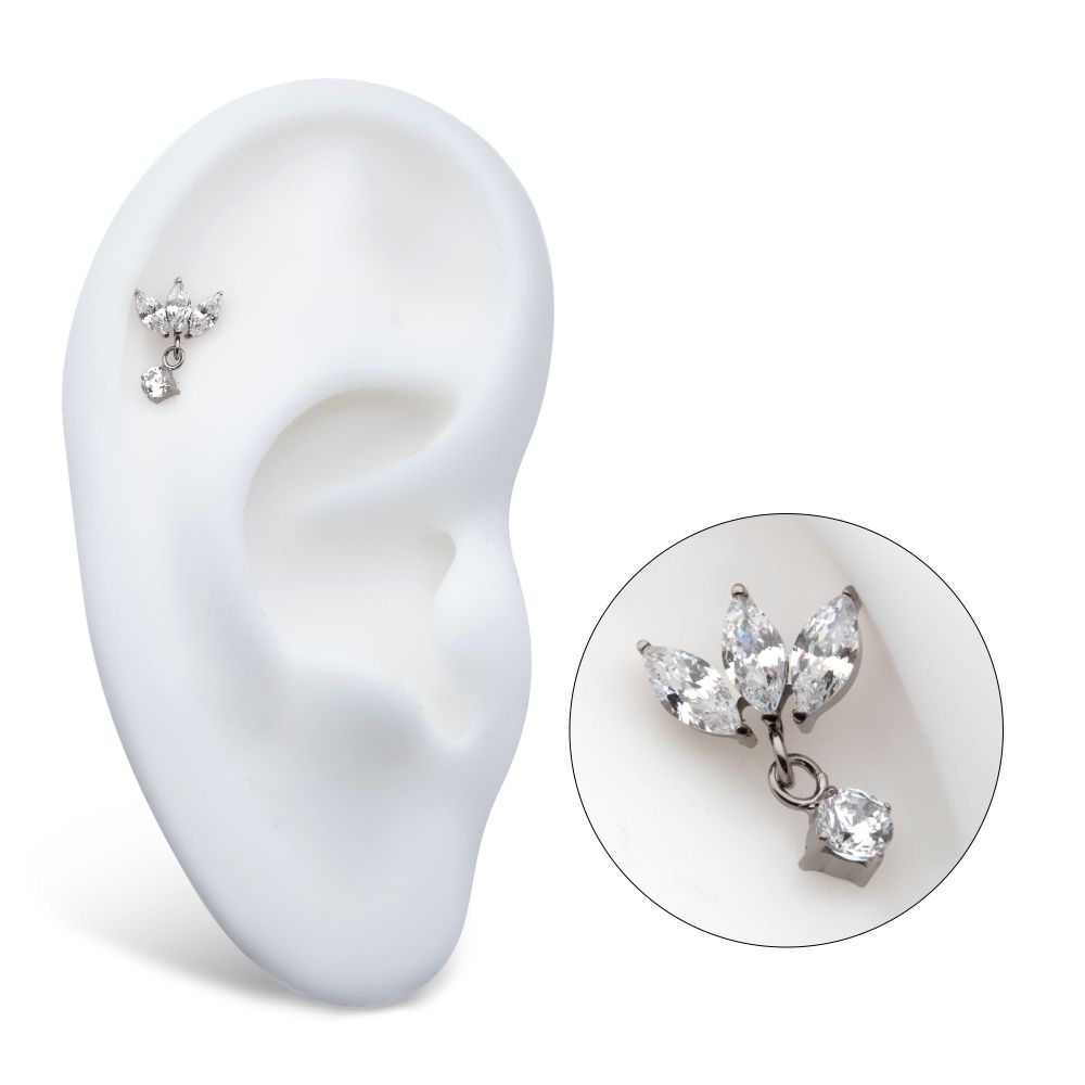 Titanium Threadless 3 Cluster Marquise CZ Top with Dangle 4-Prong Round CZ