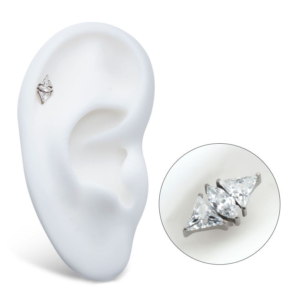 Titanium Threadless 3 Cluster Top with Prong Set Marquise & Triangle CZ