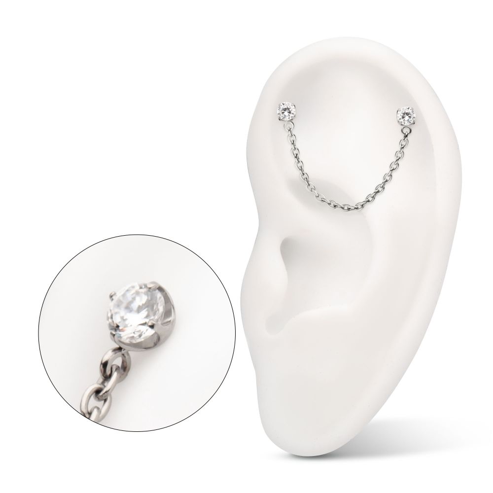 Titanium Threadless Double Prong Set Gem Top with Rolo Chain Dangle