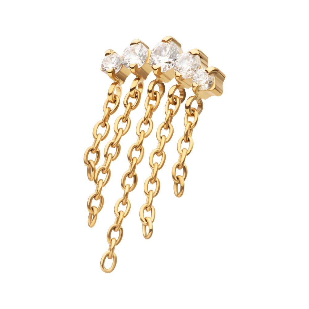 24Kt Gold PVD Titanium Threadless 5-Cluster Round AAA CZ Top with 5 Dangle Chains