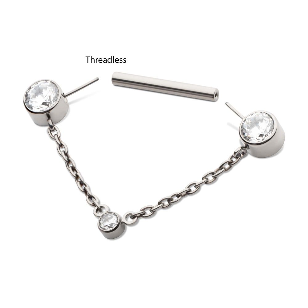 Titanium Threadless Bezel Round CZ Nipple Barbell with Dangle Chain | Sold by piece