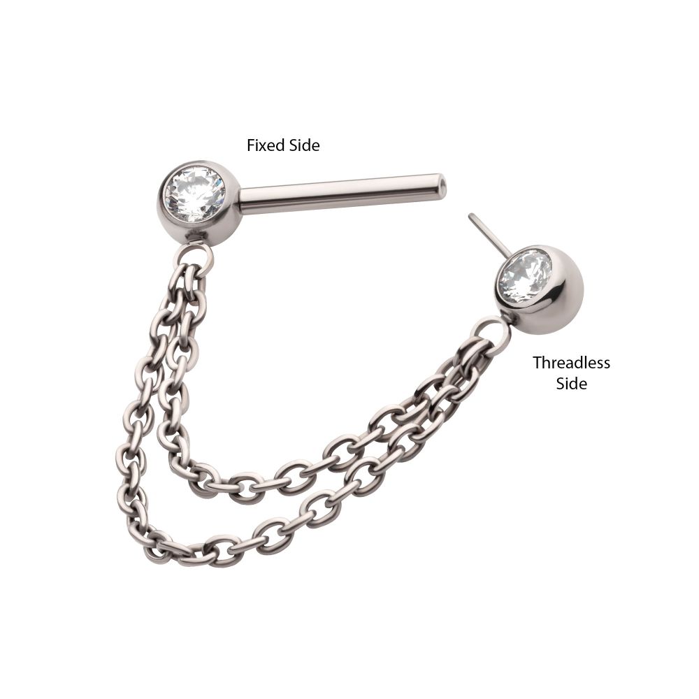 Titanium Double Chain Dangle with One Side Threadless, One Side Fixed Bezel Set Gem Nipple Bar