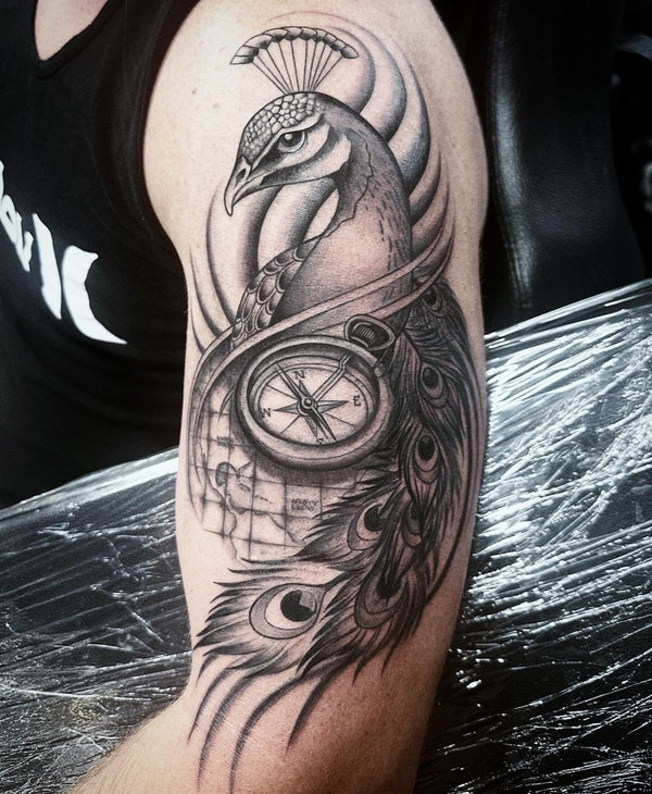 Black and grey nautical peacock and compass