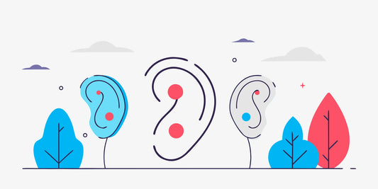 Examples of different ear piercings with decorative jewelry on four stylized ears.