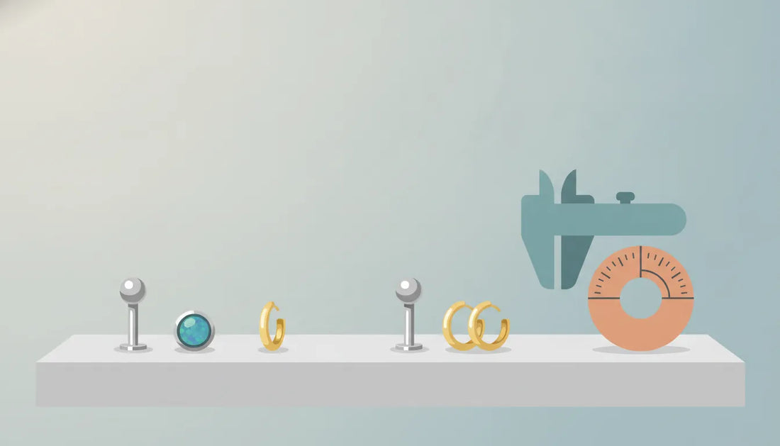 Flat vector illustration of body jewelry pieces with a measuring gauge for comparing brands