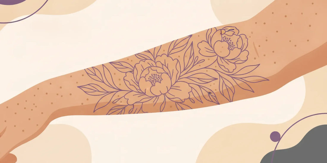 Flat vector illustration of a forearm with freckles and a carefully planned floral tattoo design