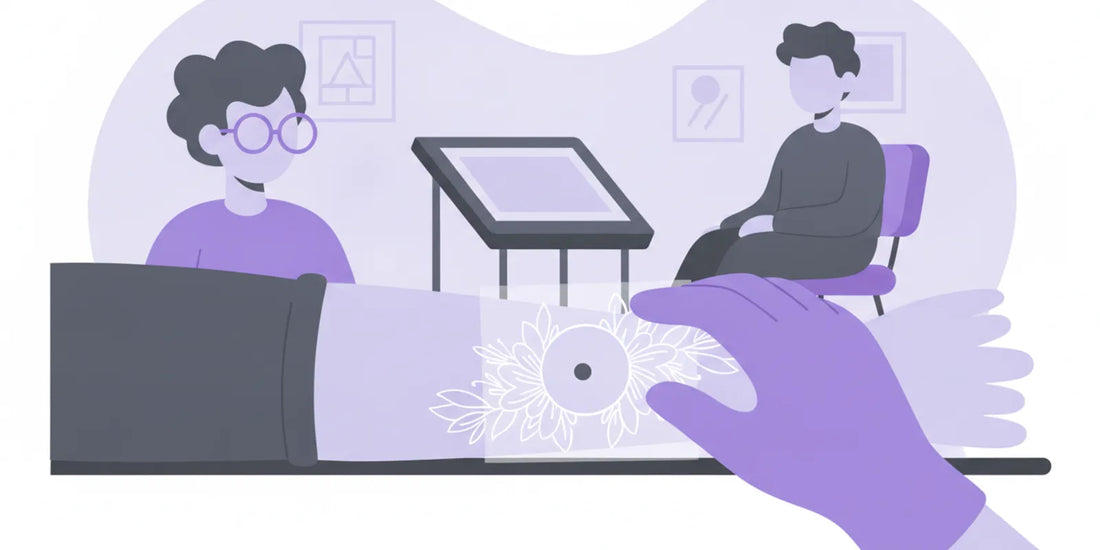 Flat vector illustration of a tattoo artist planning a floral tattoo around a small visible mole on an arm