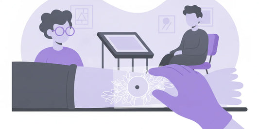 Flat vector illustration of a tattoo artist planning a floral tattoo around a small visible mole on an arm