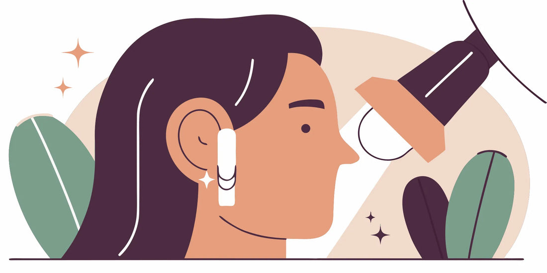 Flat vector illustration of an ear with a cartilage piercing showing a small raised bump near the piercing site, educational style