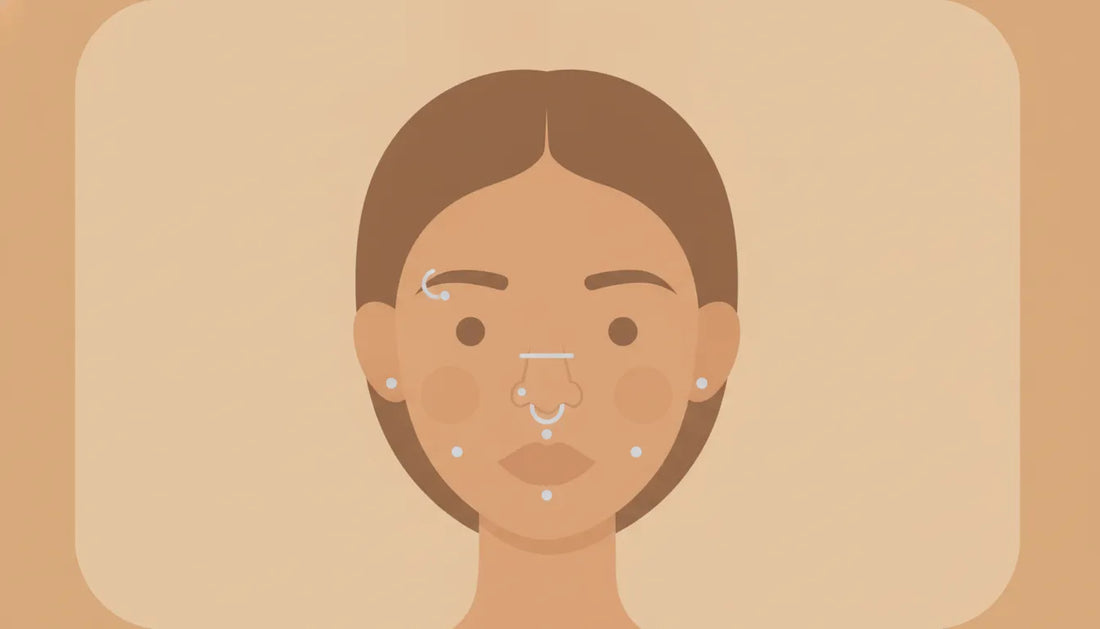 Flat vector illustration showing facial piercing placements and jewelry