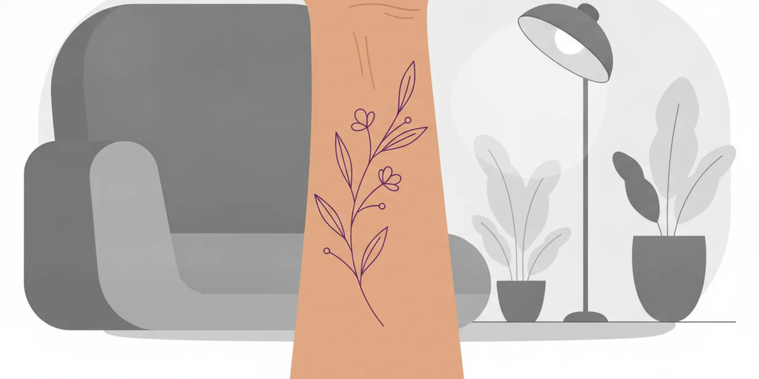 Flat vector illustration of a forearm with a delicate fine line botanical tattoo
