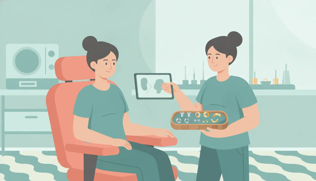 Flat vector illustration of a first piercing appointment consultation