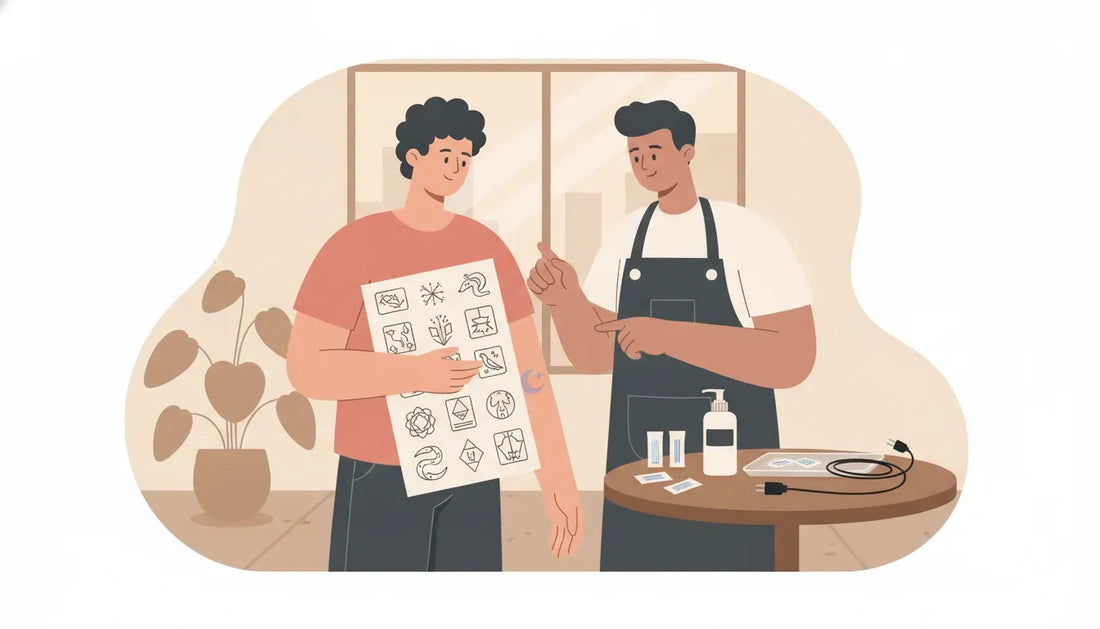 Flash tattoo guide illustration showing a client choosing a pre-drawn tattoo design with an artist