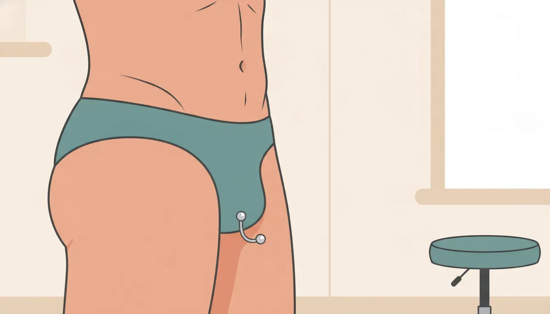 Flat vector illustration showing a discreet frenum piercing and curved titanium jewelry
