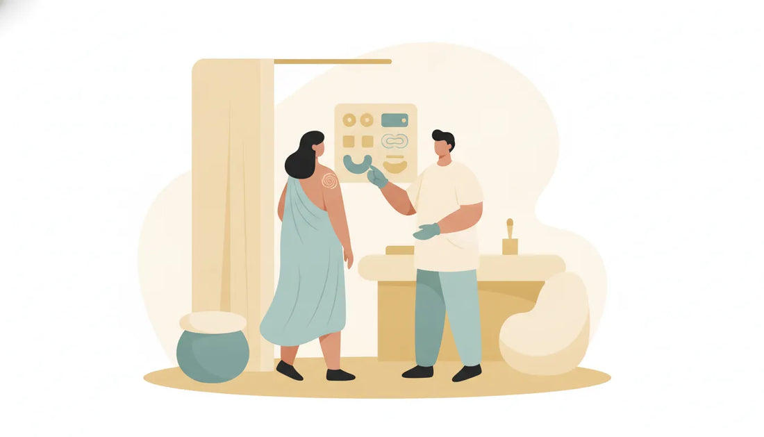Flat vector illustration of a private, respectful piercing consultation