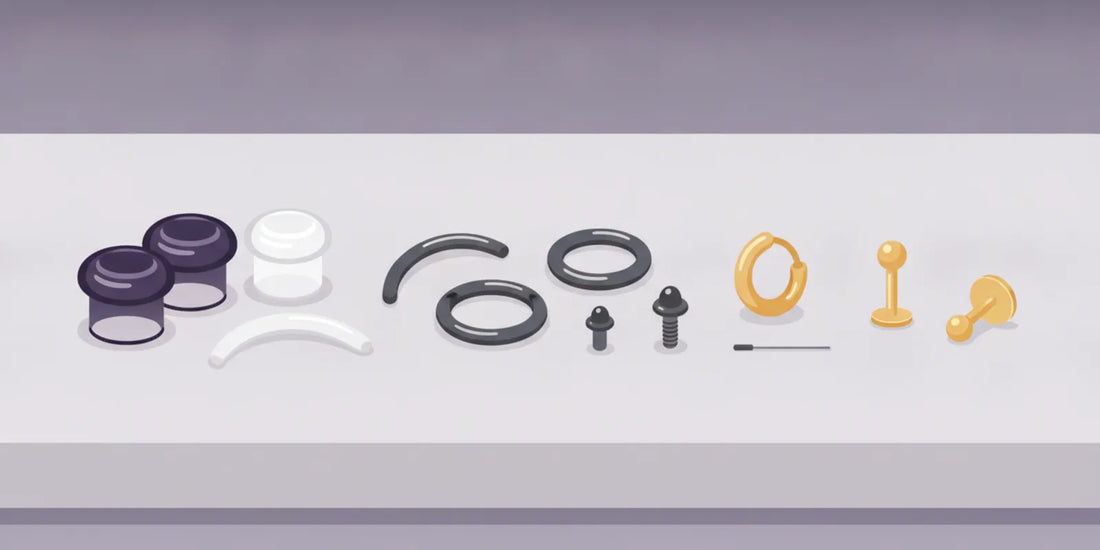 Flat vector illustration of glass plugs and body jewelry beside titanium and gold jewelry options