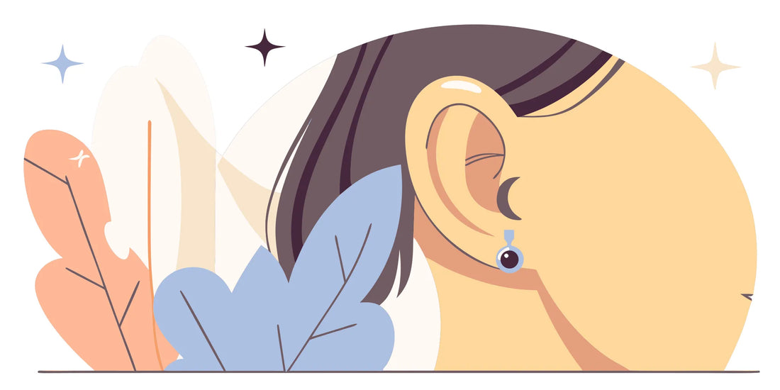 Flat vector illustration of a side-profile ear with a helix piercing featuring a titanium flat-back labret stud