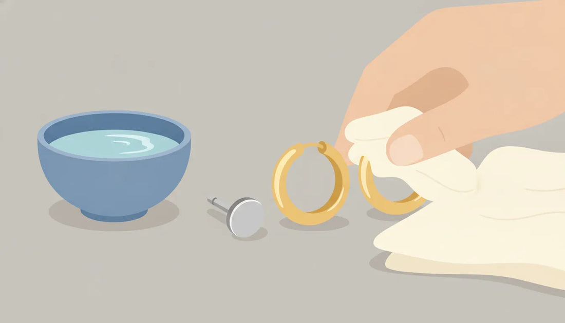 Flat vector illustration of titanium and gold body jewelry being gently cleaned