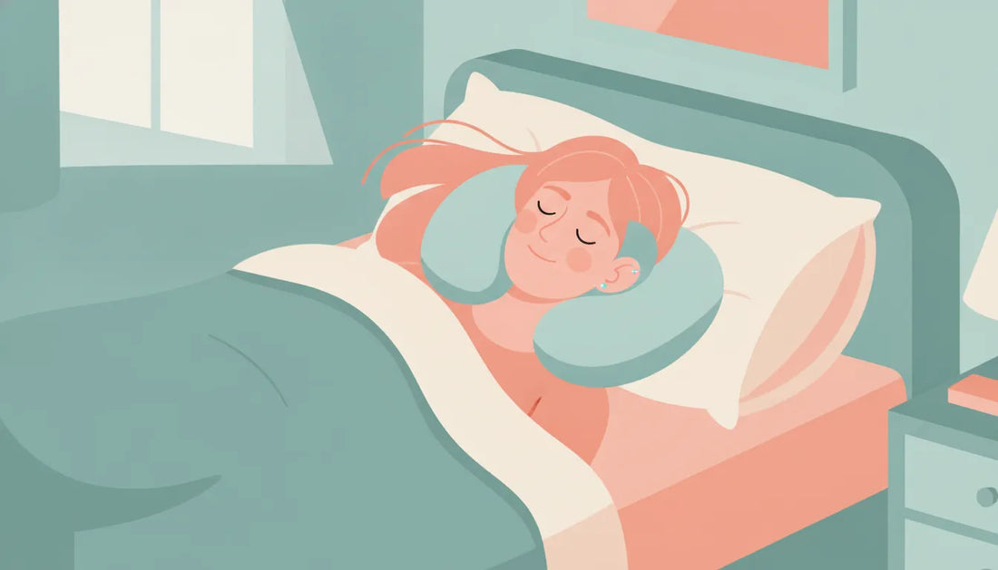 Flat vector illustration of sleeping with a healing cartilage piercing protected by a U-shaped travel pillow