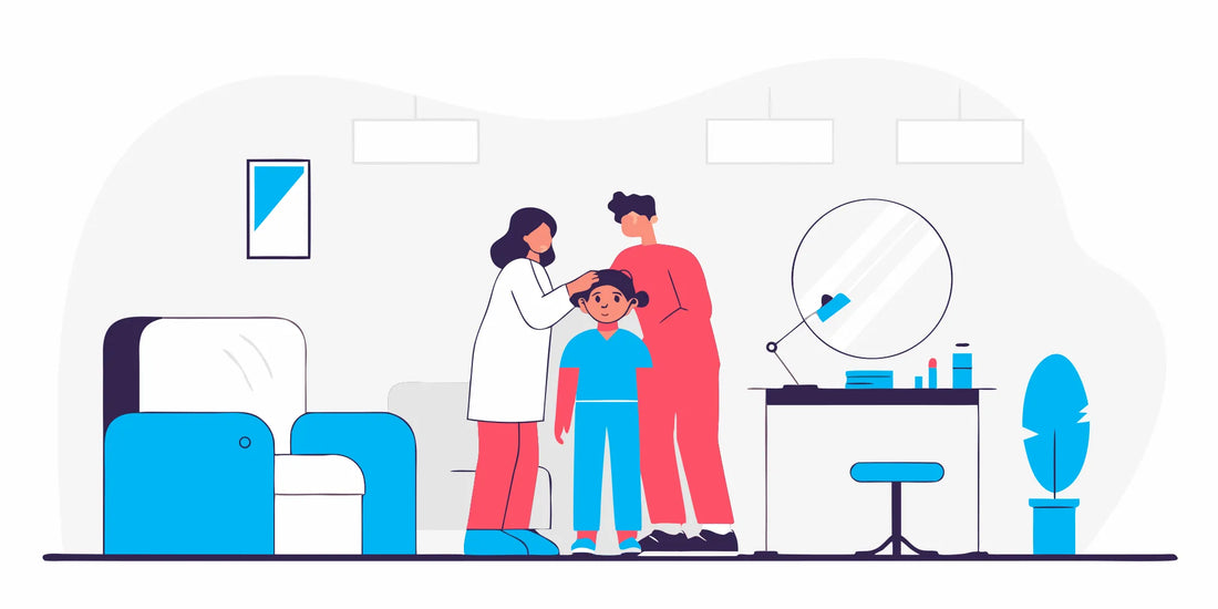 Flat vector illustration of a child at a piercing studio with a parent and professional piercer