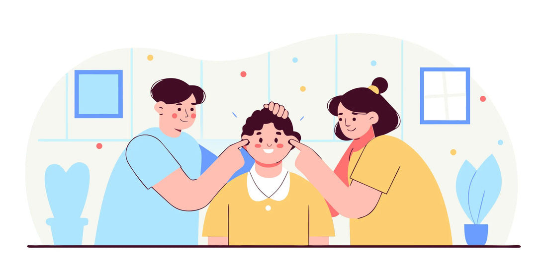 Flat vector illustration of a child getting ears pierced by two piercers using the tandem technique at a bright professional studio