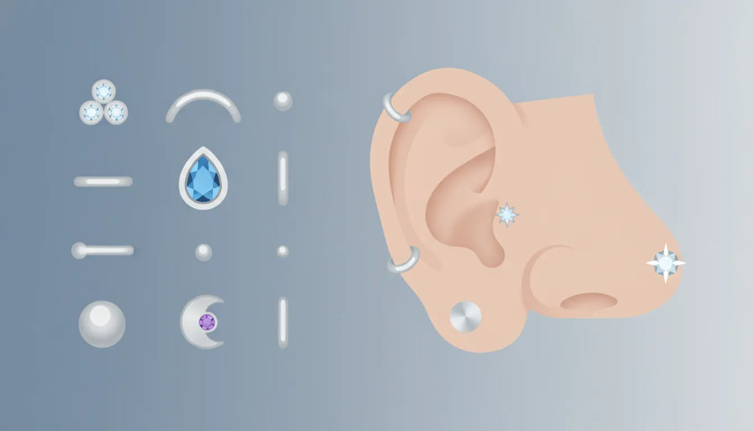 Flat vector illustration of NeoMetal-style threadless jewelry beside ear and nostril piercings