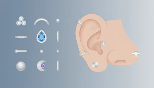 Flat vector illustration of NeoMetal-style threadless jewelry beside ear and nostril piercings