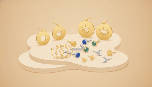 Flat vector illustration of nickel-free piercing jewelry in titanium and gold