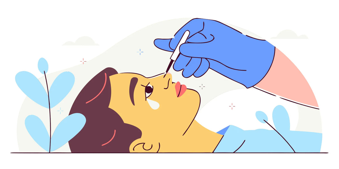 Flat vector illustration showing a profile view of a person with a fresh nostril piercing stud, healing-focused aesthetic with pastel tones