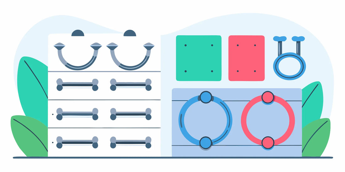 Flat vector illustration of various nostril piercing jewelry styles including hoop rings, studs, and L-bend posts arranged as a sizing guide