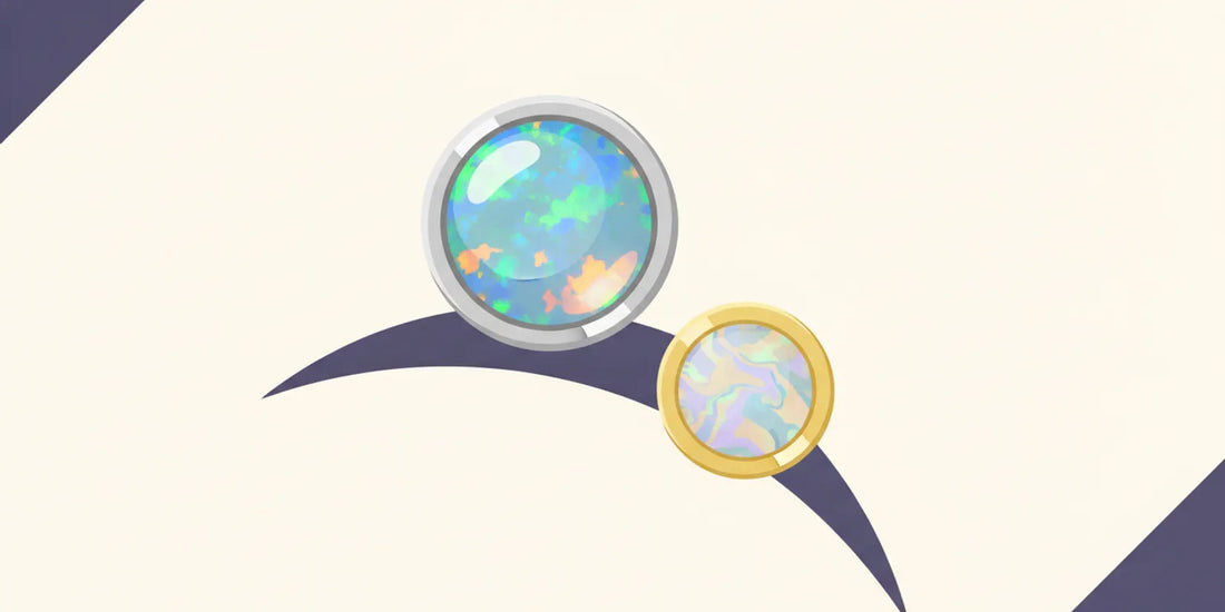 Flat vector illustration of an opal body jewelry end set in a titanium piercing post
